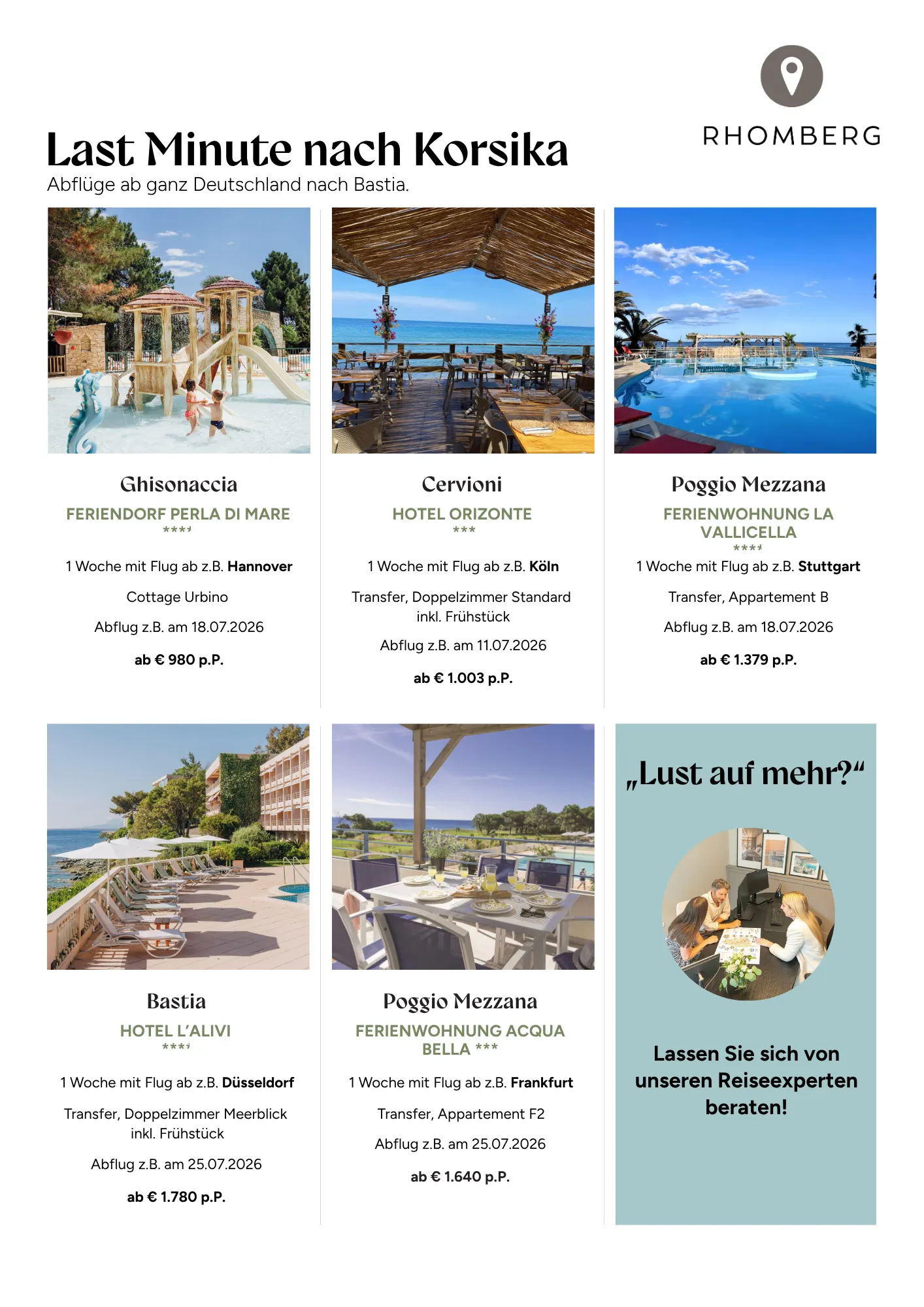 Flyer zum Auslegen mit Angeboten von Korsika für Deutschland